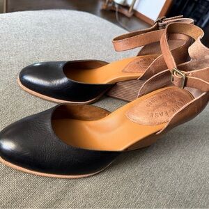 Kork-Ease Black and Brown Leather Ankle-Strap Wedges